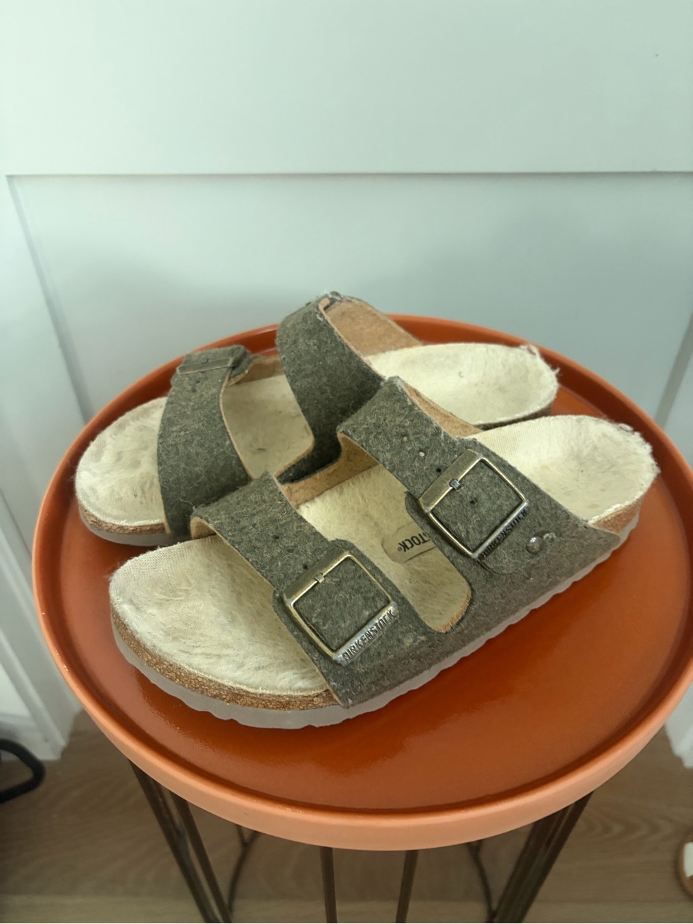 Birkenstock Double-Buckle Wool-Lined Slide Sandals in Olive